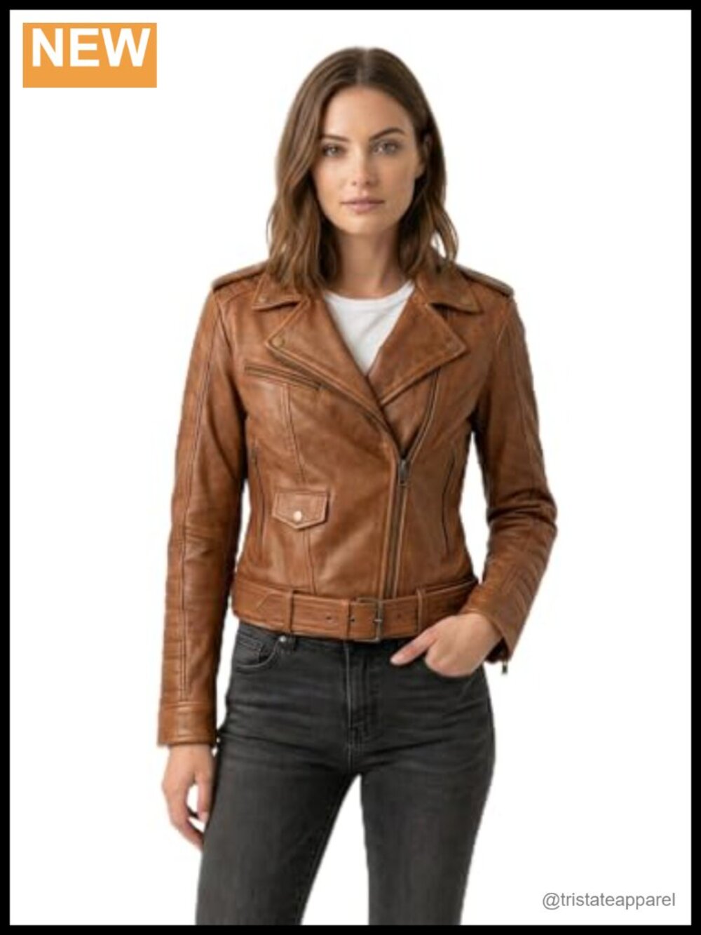 Women's Sheep Leather Moto Jacket Asymmetric Zip Belted Real Leather
